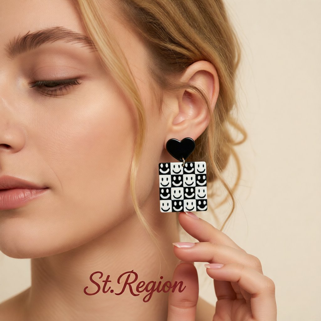 Black and White Heart Smiley Square Drop Earrings, drop earrings for women, everyday style, styled look