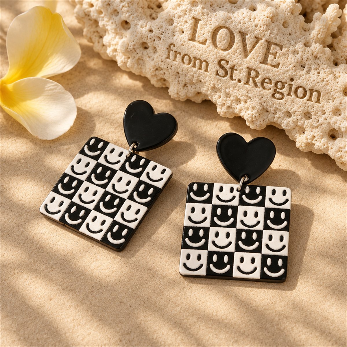 Black and White Heart Smiley Square Drop Earrings, drop earrings for women, everyday style, lifestyle look