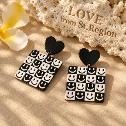 Black and White Heart Smiley Square Drop Earrings, drop earrings for women, everyday style, lifestyle look