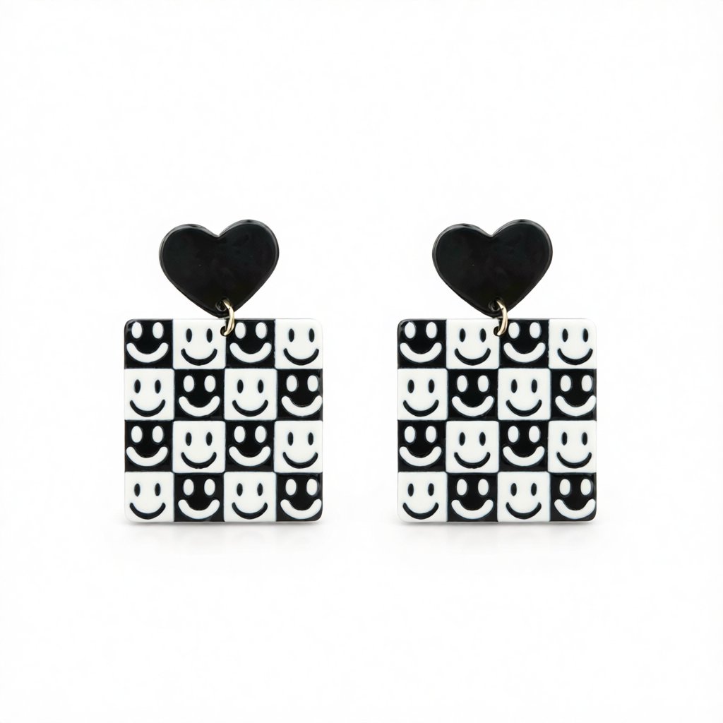 Black and White Heart Smiley Square Drop Earrings, drop earrings for women, everyday style, side view