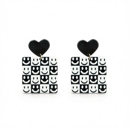 Black and White Heart Smiley Square Drop Earrings, drop earrings for women, everyday style, side view