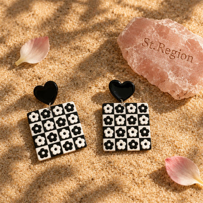 Black Acrylic Heart and Flower Earrings, drop earrings for women, botanical inspired, detail close-up