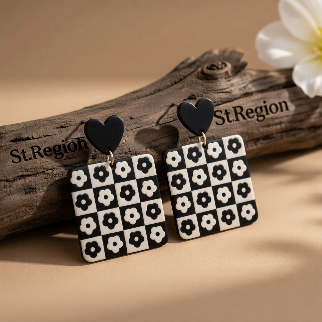 Black Acrylic Heart and Flower Earrings, drop earrings for women, botanical inspired, front view
