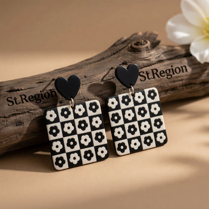Black Acrylic Heart and Flower Earrings, drop earrings for women, botanical inspired, front view