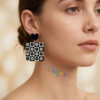 Black Acrylic Heart and Flower Earrings, drop earrings for women, botanical inspired, styled look