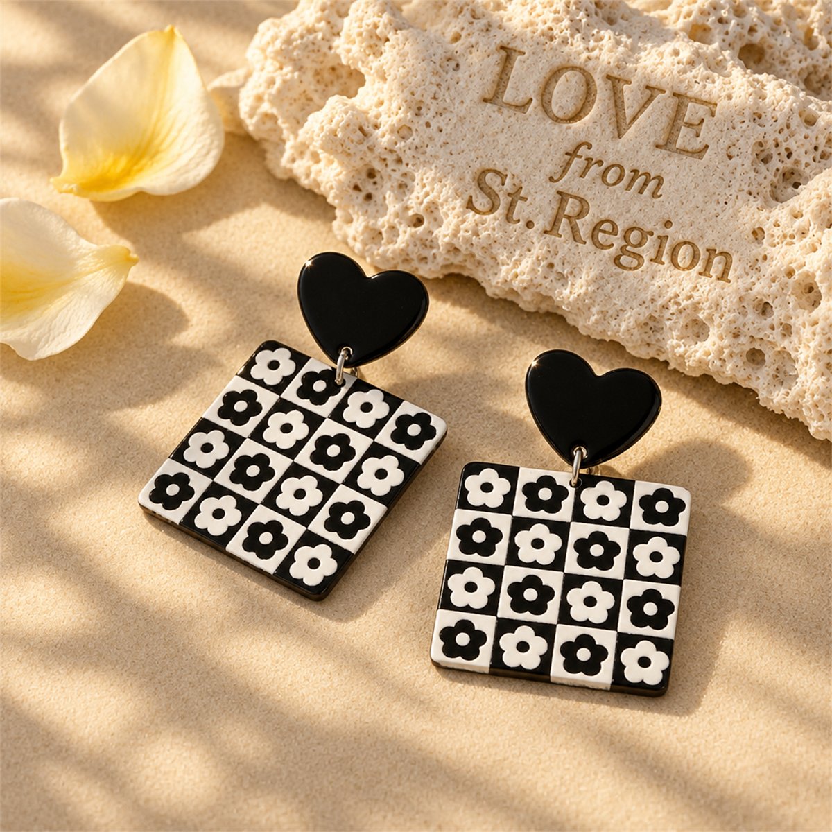 Black Acrylic Heart and Flower Earrings, drop earrings for women, botanical inspired, lifestyle look