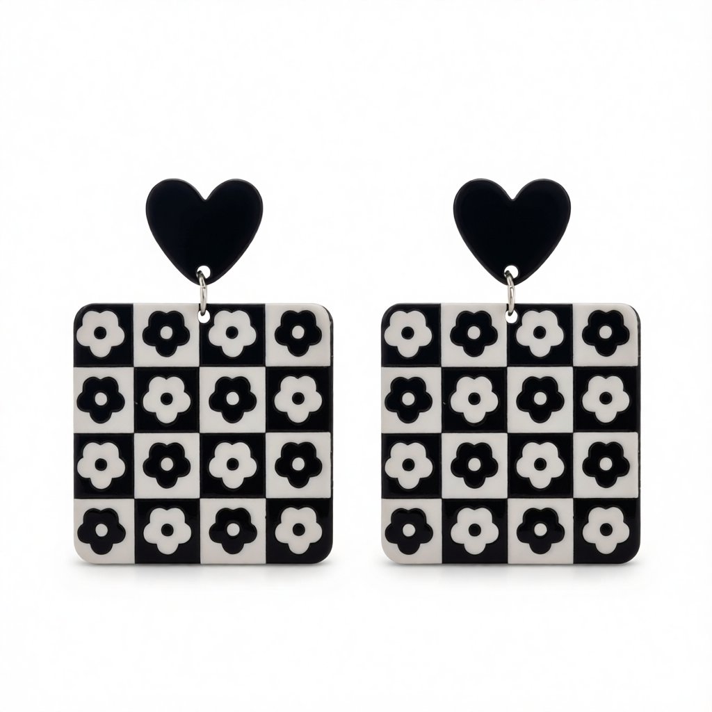 Black Acrylic Heart and Flower Earrings, drop earrings for women, botanical inspired, side view
