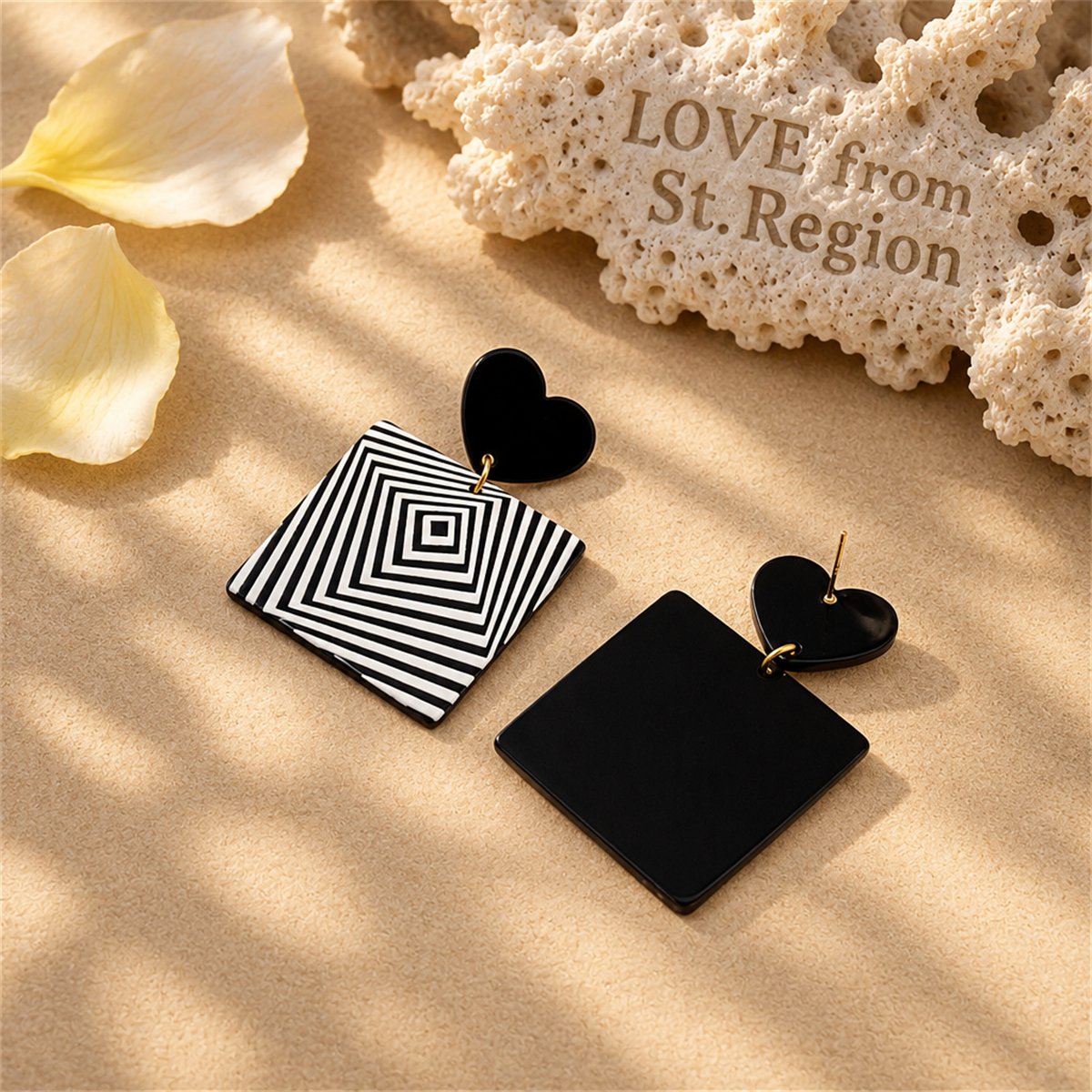 Black and White Acrylic Heart Abstract Square Drop Earrings, drop earrings for women, botanical inspired, lifestyle look