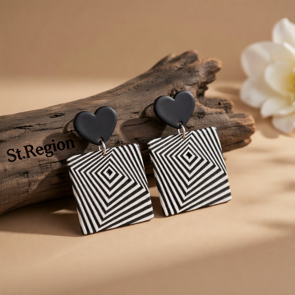 Black and White Acrylic Heart Abstract Square Drop Earrings, drop earrings for women, botanical inspired, front view
