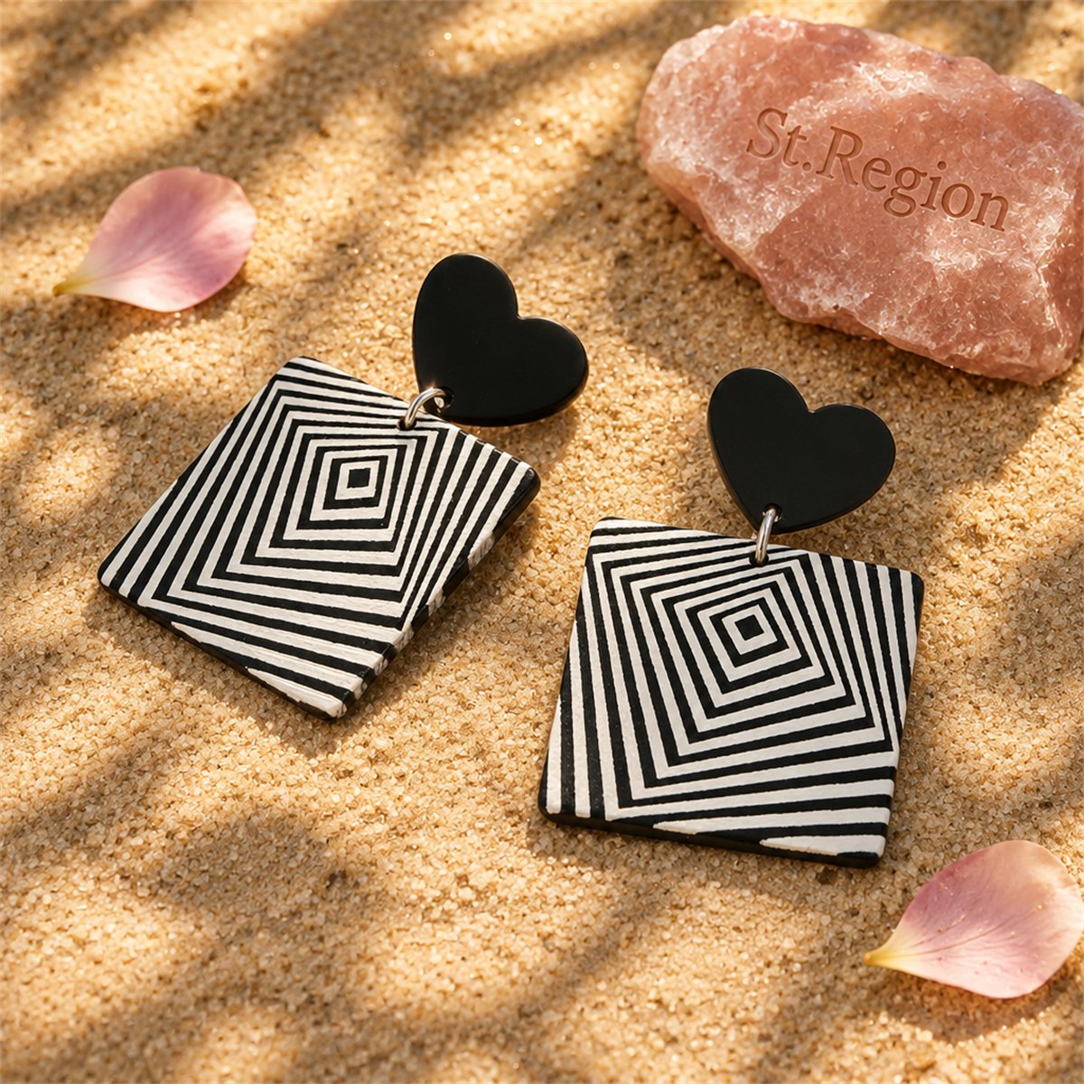 Black and White Acrylic Heart Abstract Square Drop Earrings, drop earrings for women, botanical inspired, detail close-up