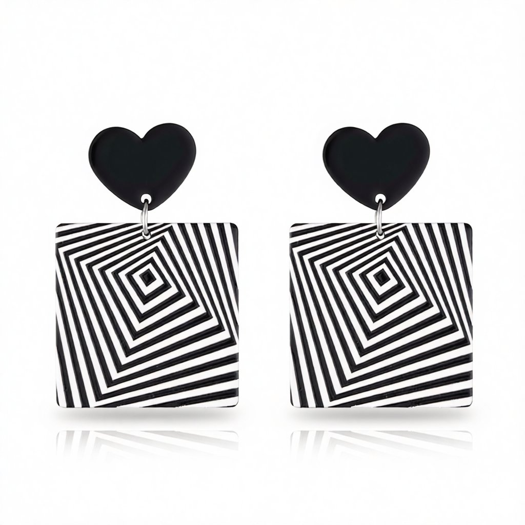 Black and White Acrylic Heart Abstract Square Drop Earrings, drop earrings for women, botanical inspired, side view