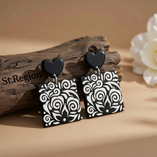 Black Acrylic Heart Swirl Earrings
