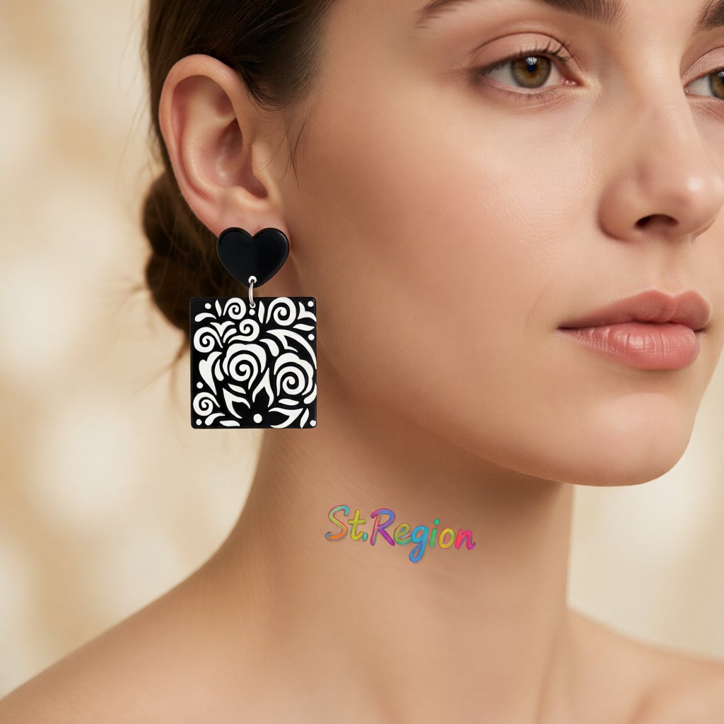 Black Acrylic Heart Swirl Earrings