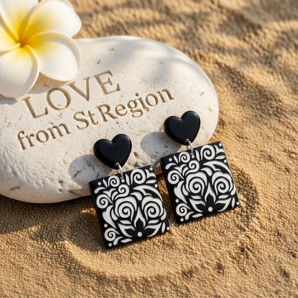 Black Acrylic Heart Swirl Earrings