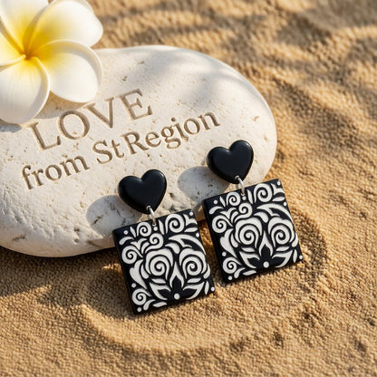 Black Acrylic Heart Swirl Earrings