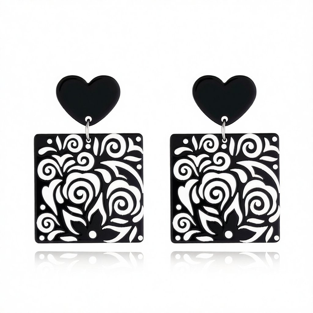 Black Acrylic Heart Swirl Earrings
