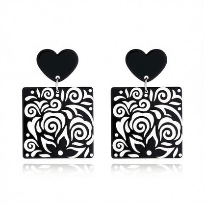 Black Acrylic Heart Swirl Earrings