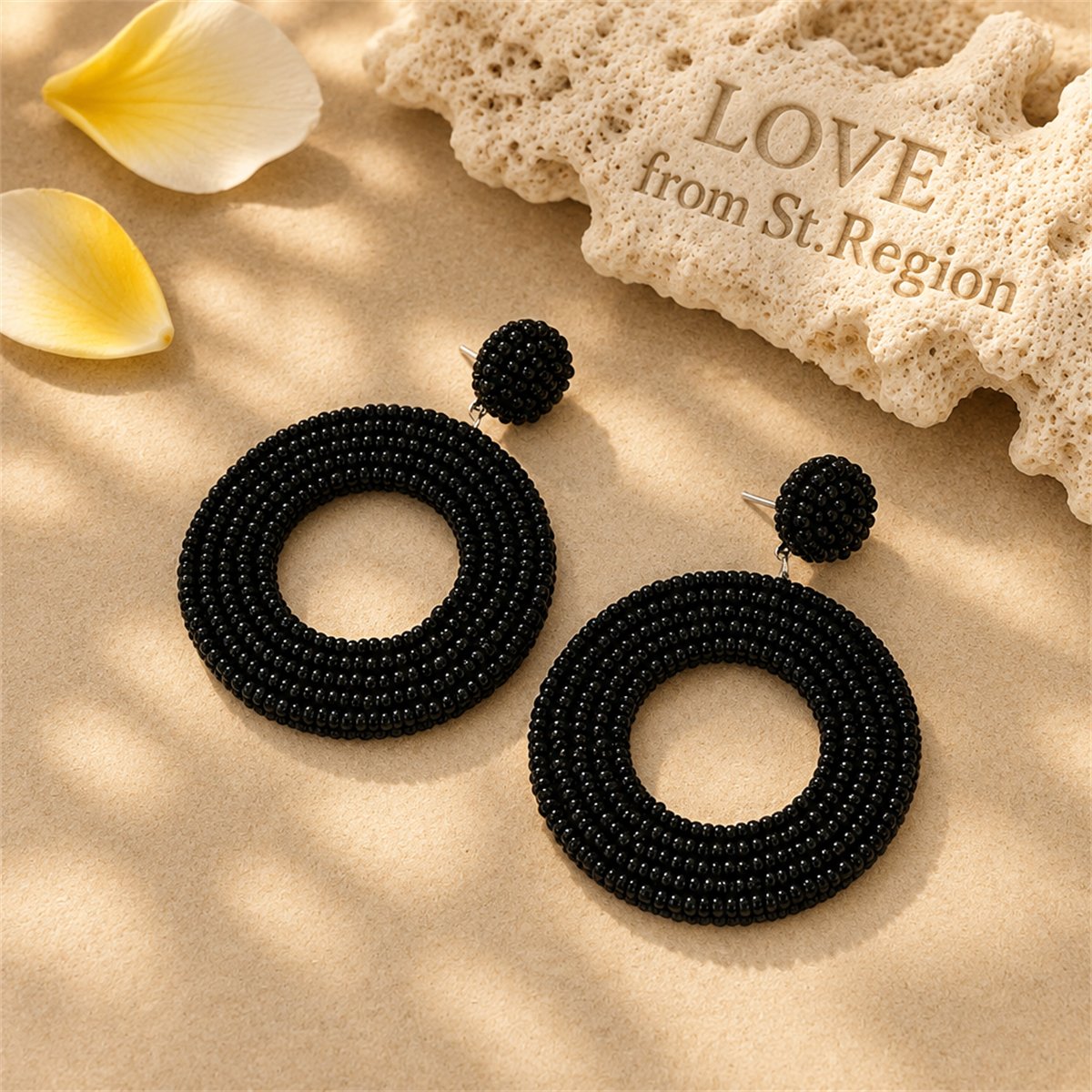 Black Howlite Beaded Open Circle Drop Earrings, drop earrings for women, everyday style, lifestyle look