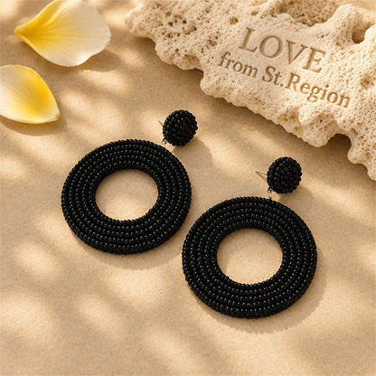 Black Howlite Beaded Open Circle Drop Earrings, drop earrings for women, everyday style, lifestyle look
