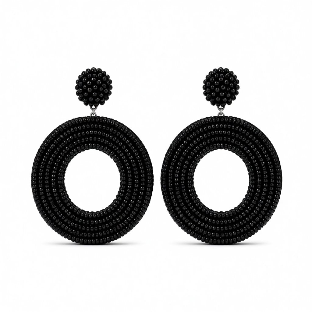 Black Howlite Beaded Open Circle Drop Earrings, drop earrings for women, everyday style, side view