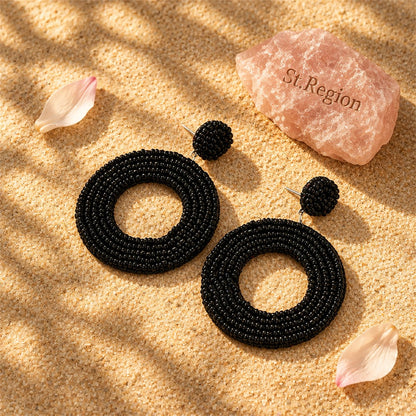 Black Howlite Beaded Open Circle Drop Earrings, drop earrings for women, everyday style, detail close-up