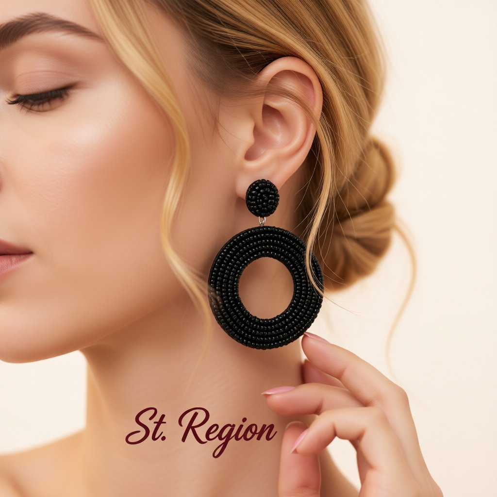 Black Howlite Beaded Open Circle Drop Earrings, drop earrings for women, everyday style, styled look
