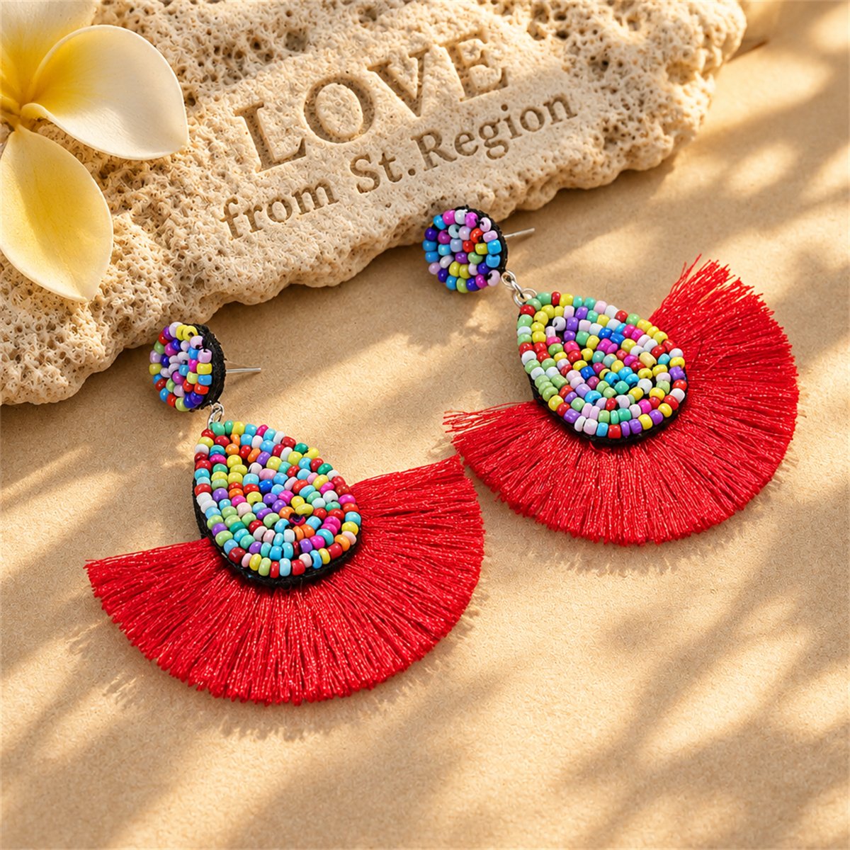 Red Tassel Fan Earrings, drop earrings for women, everyday style, lifestyle look