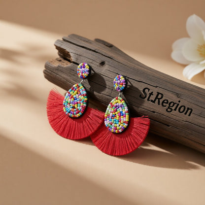 Red Tassel Fan Earrings, drop earrings for women, everyday style, front view