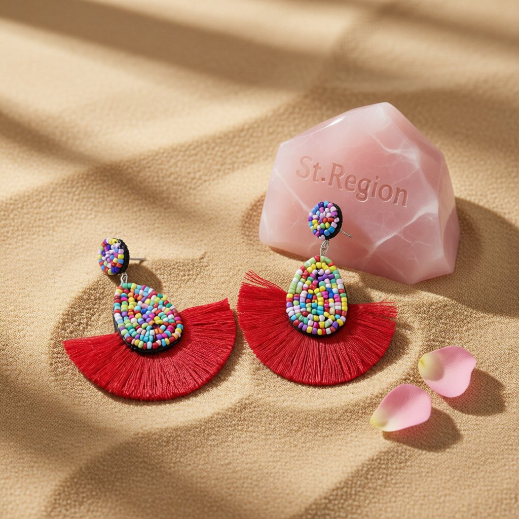 Red Tassel Fan Earrings, drop earrings for women, everyday style, detail close-up