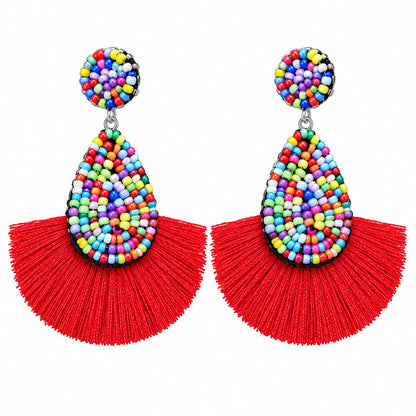 Red Tassel Fan Earrings, drop earrings for women, everyday style, side view