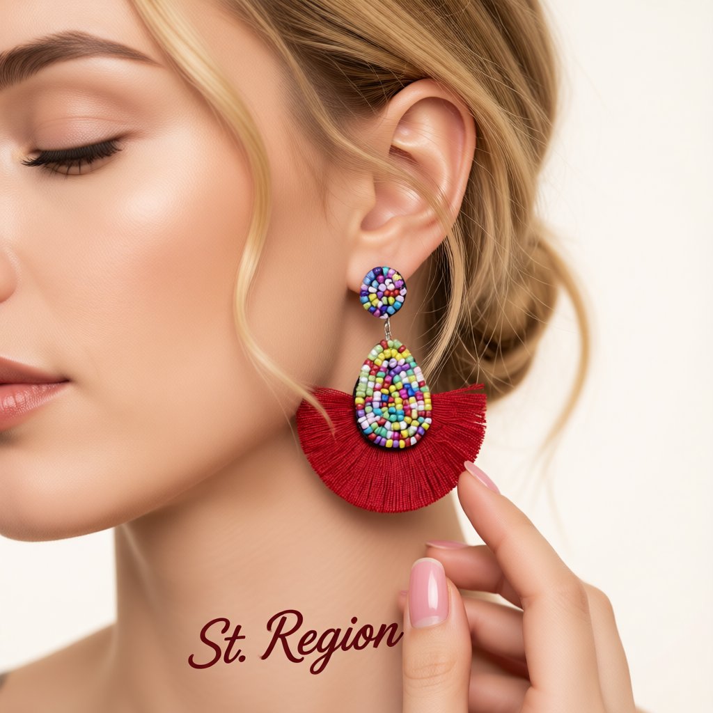 Red Tassel Fan Earrings, drop earrings for women, everyday style, styled look