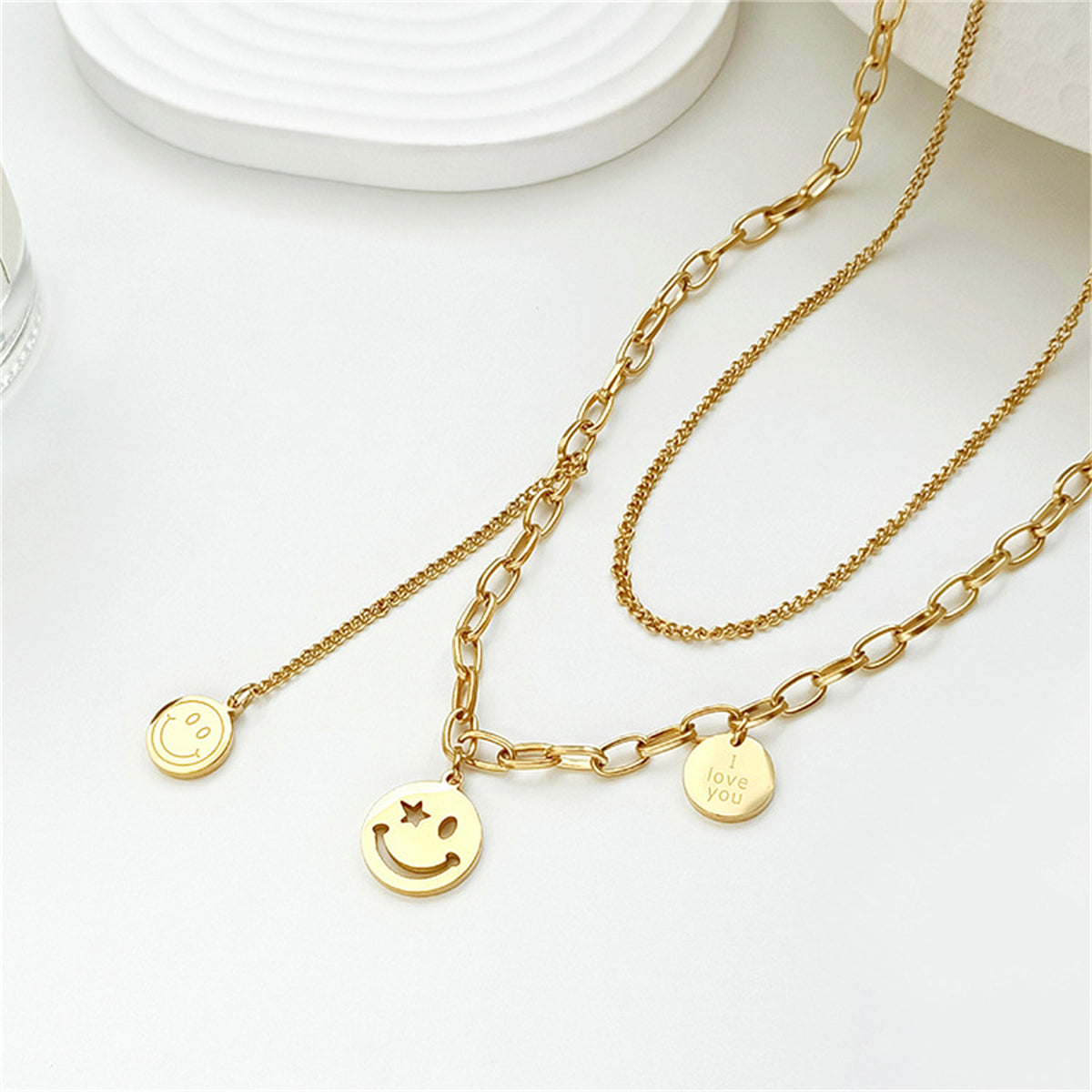18K Gold-Plated 'I Love You' Smiley Drop Layered Necklace, gold pendant necklace for women, detail close-up