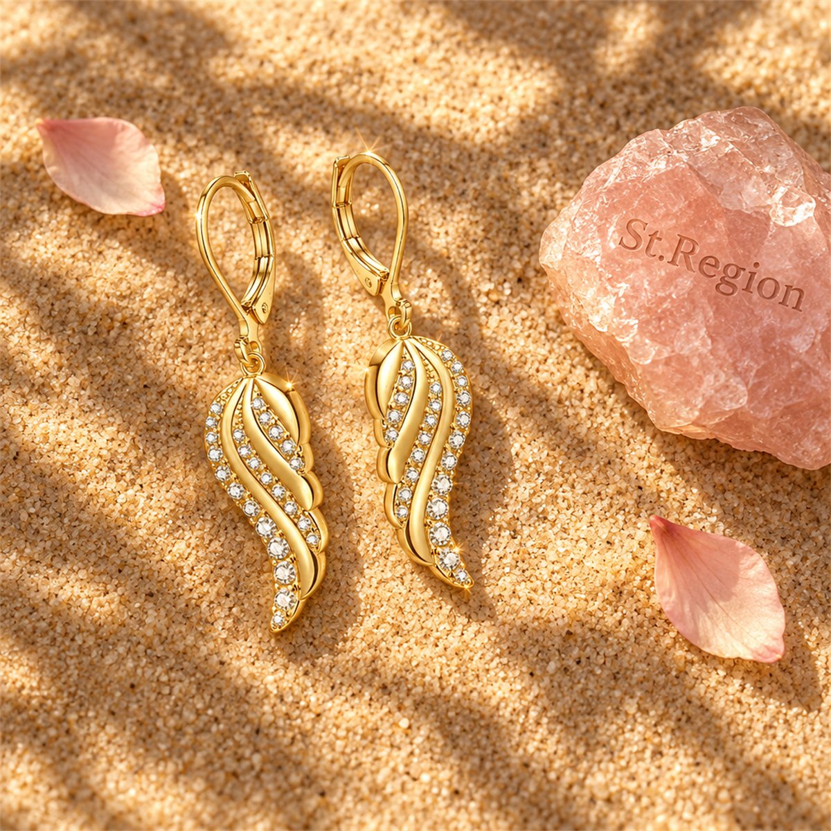 Cubic Zirconia and 18K Gold-Plated Wing Charm Huggie Earrings, gold huggie earrings, detail close-up