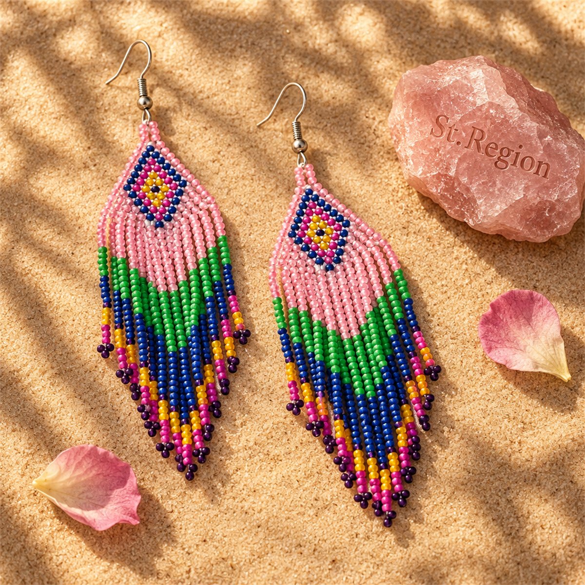 White and Green Howlite Rhombus Tassel Drop Earrings, drop earrings for women, botanical inspired, detail close-up