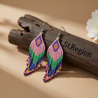 White and Green Howlite Rhombus Tassel Drop Earrings, drop earrings for women, botanical inspired, front view