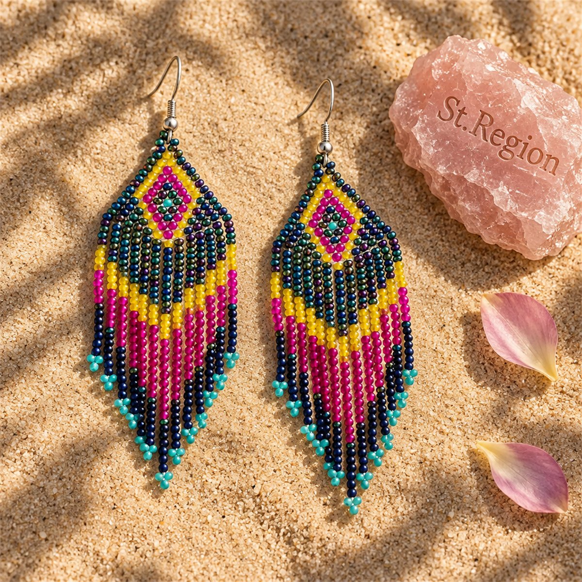 Yellow and Fuchsia Howlite Rhombus Tassel Drop Earrings, drop earrings for women, botanical inspired, detail close-up