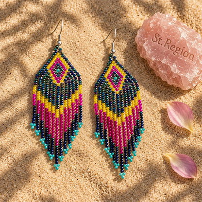 Yellow and Fuchsia Howlite Rhombus Tassel Drop Earrings, drop earrings for women, botanical inspired, detail close-up