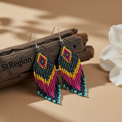 Yellow and Fuchsia Howlite Rhombus Tassel Drop Earrings, drop earrings for women, botanical inspired, front view