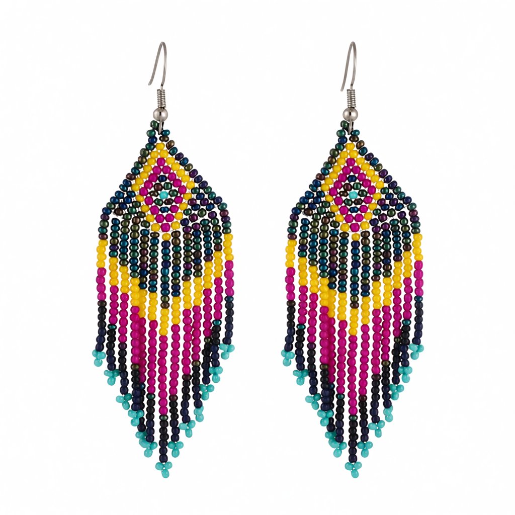 Yellow and Fuchsia Howlite Rhombus Tassel Drop Earrings, drop earrings for women, botanical inspired, side view