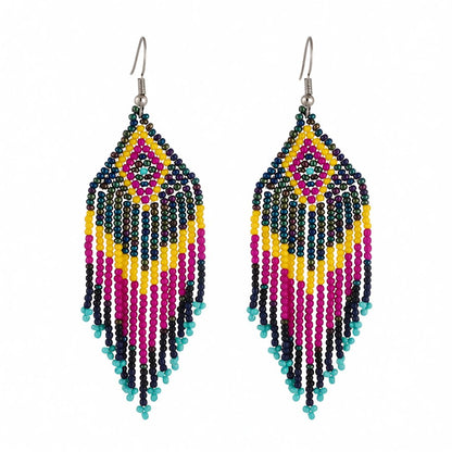 Yellow and Fuchsia Howlite Rhombus Tassel Drop Earrings, drop earrings for women, botanical inspired, side view