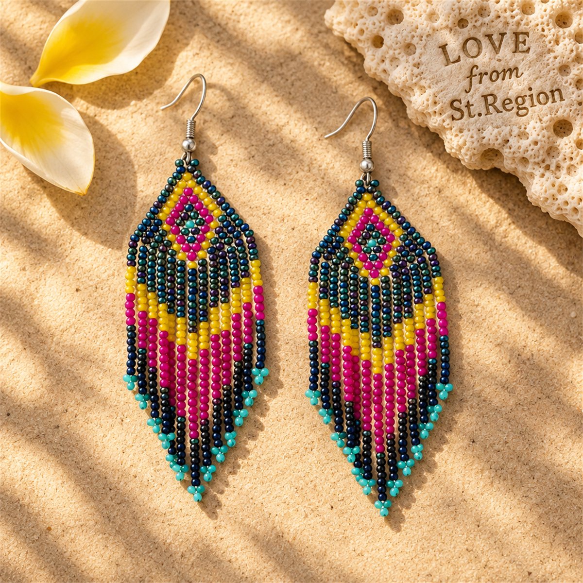 Yellow and Fuchsia Howlite Rhombus Tassel Drop Earrings, drop earrings for women, botanical inspired, lifestyle look