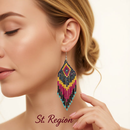 Yellow and Fuchsia Howlite Rhombus Tassel Drop Earrings, drop earrings for women, botanical inspired, styled look