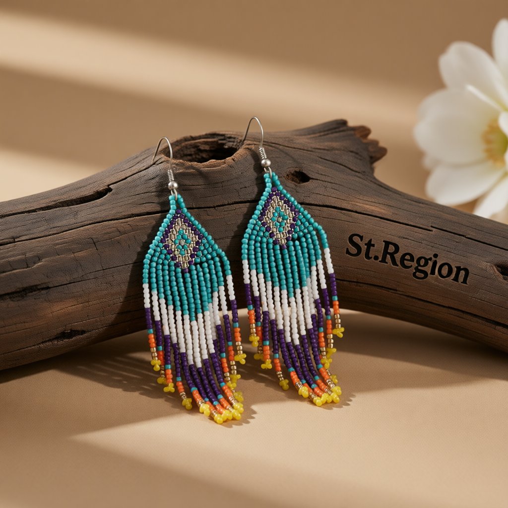 Blue and White Howlite Geometric Tassel Drop Earrings, drop earrings for women, elegant gift for her, front view