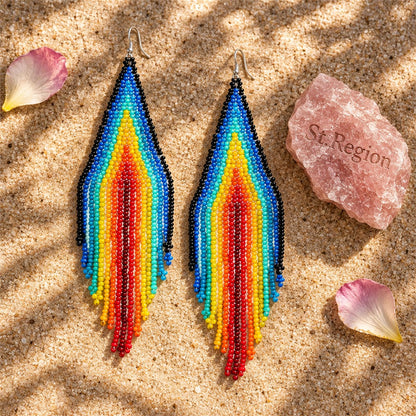 Blue and Red Rainbow Howlite Tassel Drop Earrings, drop earrings for women, vintage-inspired design, detail close-up