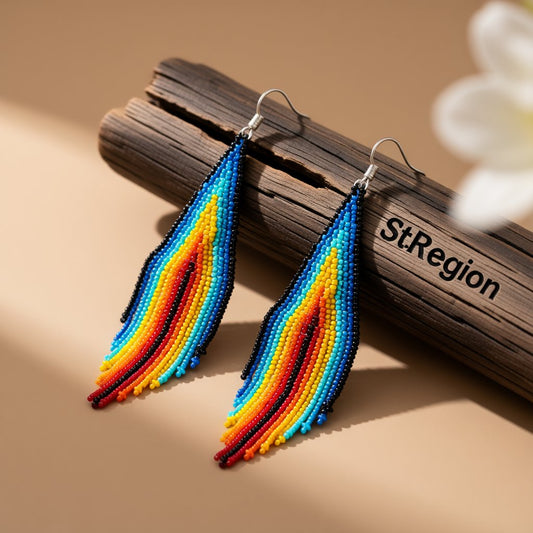 Blue and Red Rainbow Howlite Tassel Drop Earrings, drop earrings for women, vintage-inspired design, front view