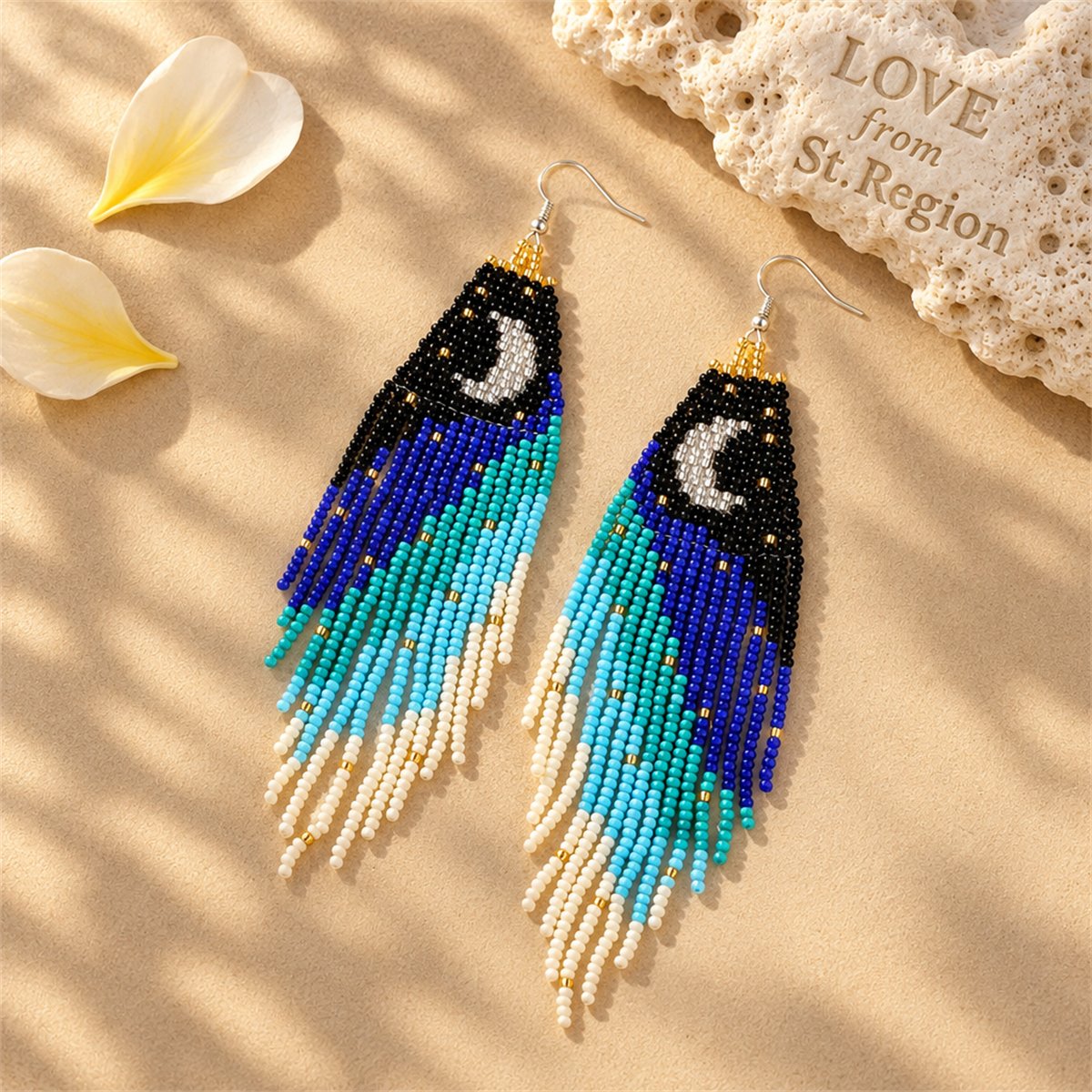 Black and Blue Howlite Moon Tassel Drop Earrings, drop earrings for women, vintage-inspired design, lifestyle look