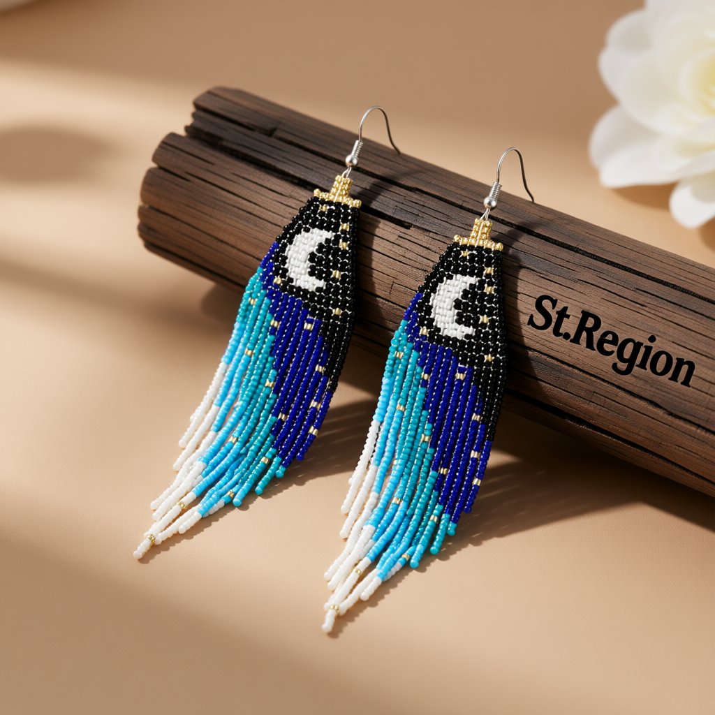 Black and Blue Howlite Moon Tassel Drop Earrings, drop earrings for women, vintage-inspired design, front view