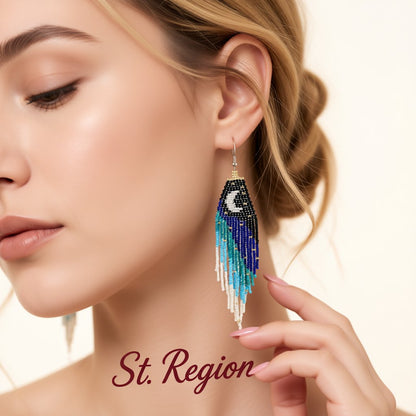 Black and Blue Howlite Moon Tassel Drop Earrings, drop earrings for women, vintage-inspired design, styled look