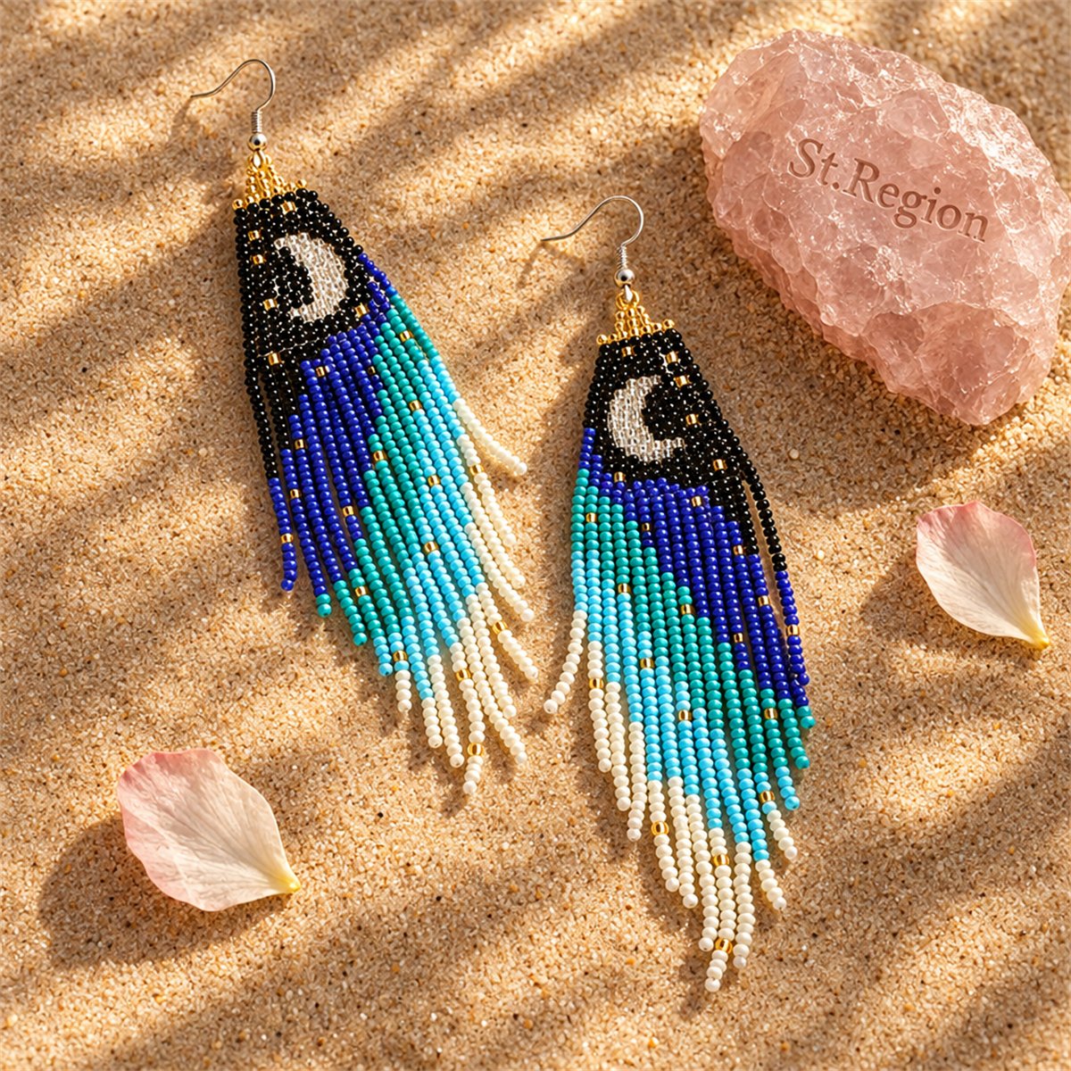 Black and Blue Howlite Moon Tassel Drop Earrings, drop earrings for women, vintage-inspired design, detail close-up