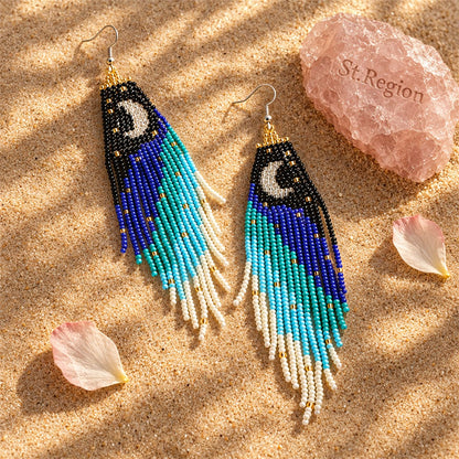 Black and Blue Howlite Moon Tassel Drop Earrings, drop earrings for women, vintage-inspired design, detail close-up